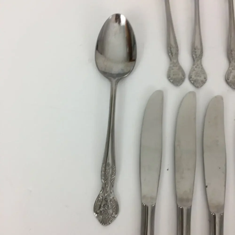 Vintage Nasco Pamela Pattern Stainless Flatware Japan Knife Spoon 17pcs